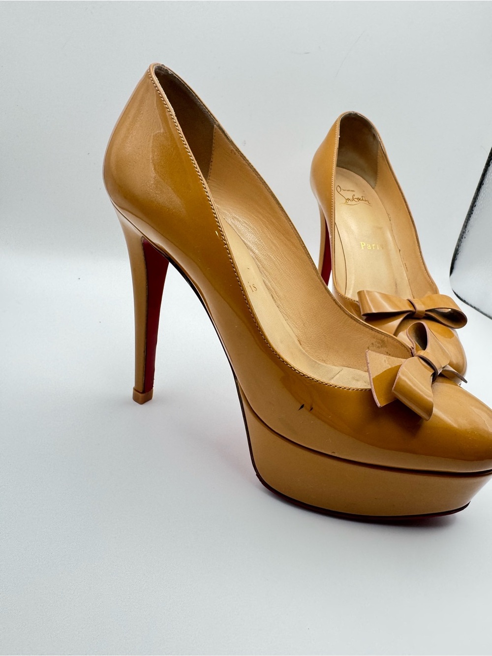 Christian Louboutin Bianca 140 Bow Patent Platform Pumps Camel Nude EU 36 - Picture 4 of 9
